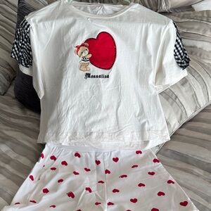 MonnaLisa White and Red Heart Kids Top and Short Set with Gingham Trim